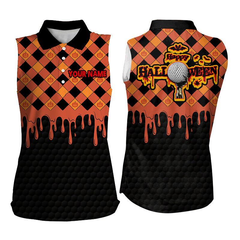 Happy Halloween Orange Pumpkin Sleeveless Golf Shirts Custom Skull Golf Shirts For Women Golf Gifts LDT0442