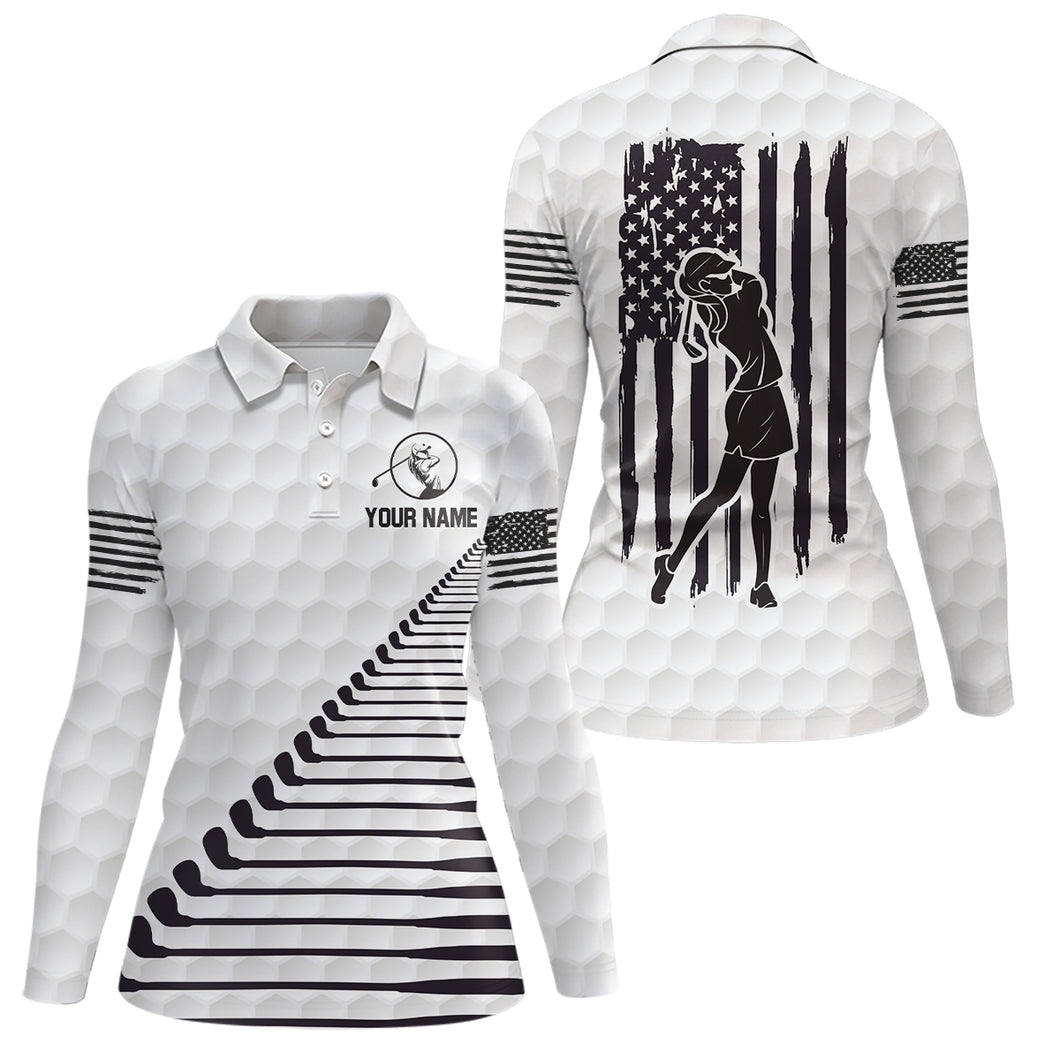 Black White American Flag Golf Polo Shirts Custom Patriotic Golf Shirts For Women Golf Clubs LDT0771