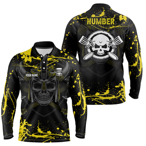 Mens Skull Disc Golf Polo Shirt Custom Yellow Golf Shirt With Skull Disc Golf Tops For Men Golf Gifts LDT0769