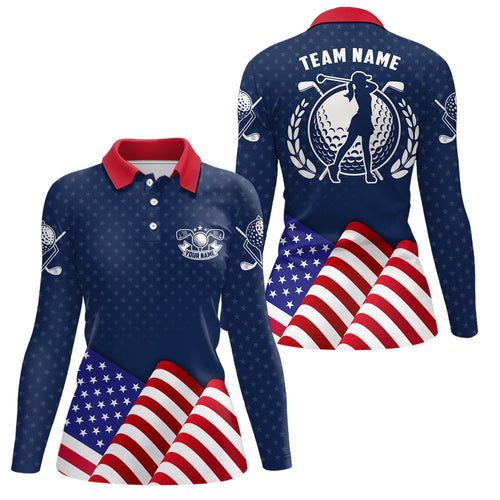 Custom Womens Golf Polo Shirts With Waving American Flag, Patriotic Us Golf Shirts For Women LDT0189