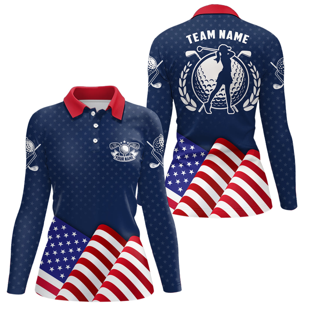 Custom Womens Golf Polo Shirts With Waving American Flag, Patriotic Us Golf Shirts For Women LDT0189