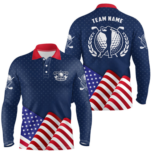 Customized Mens Golf Polo Shirts With Waving American Flag, Patriotic Us Golf Shirts For Men LDT0189