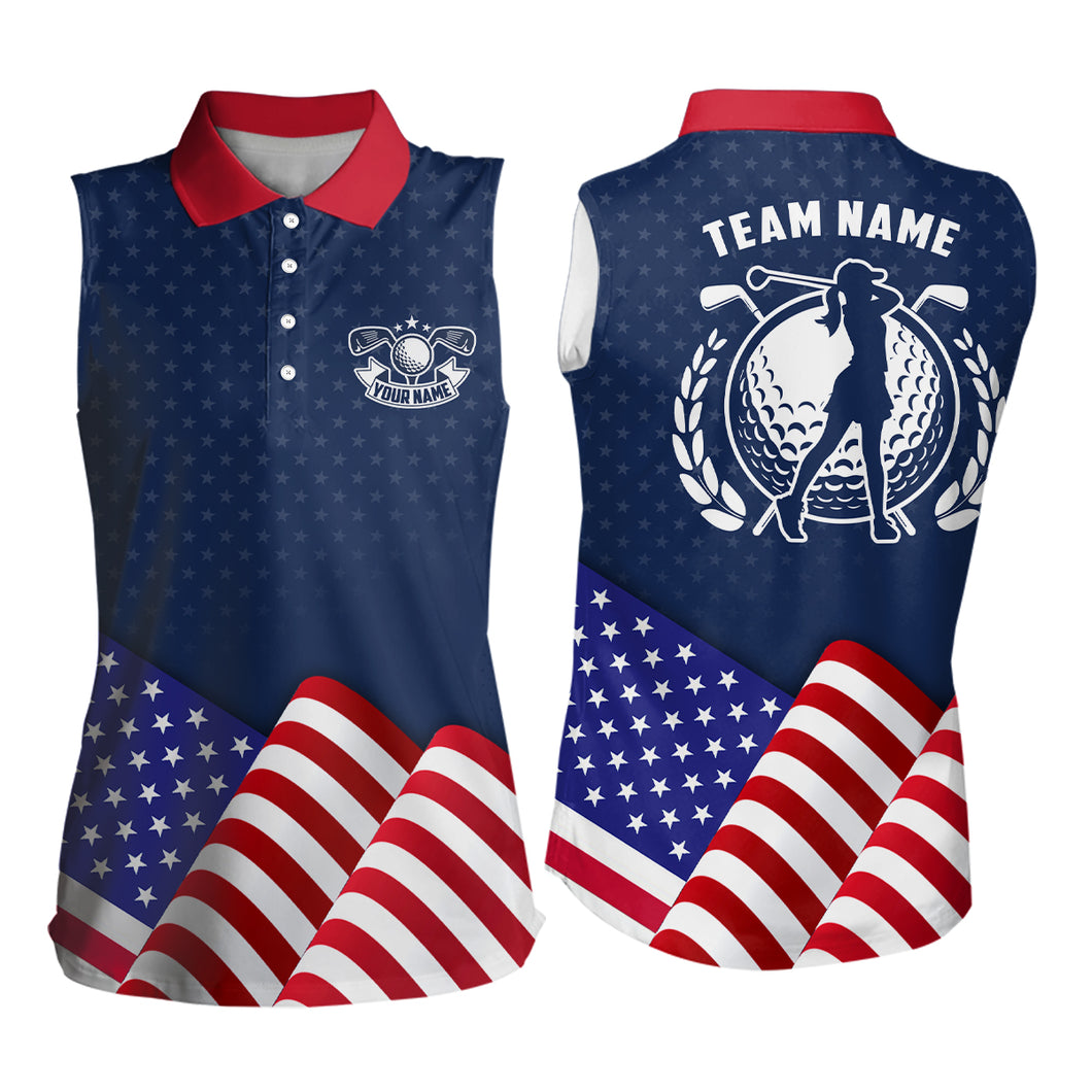 Custom Womens Sleeveless Golf Polo Shirts With Waving American Flag Patriotic Us Golf Shirt For Women LDT0189