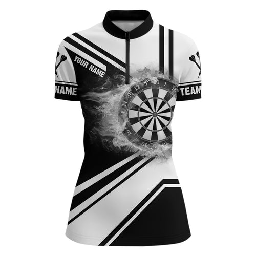 Personalized Black White Fire Flame Dartboard Quarter Zip Shirt Custom Women Darts Jersey LDT0993