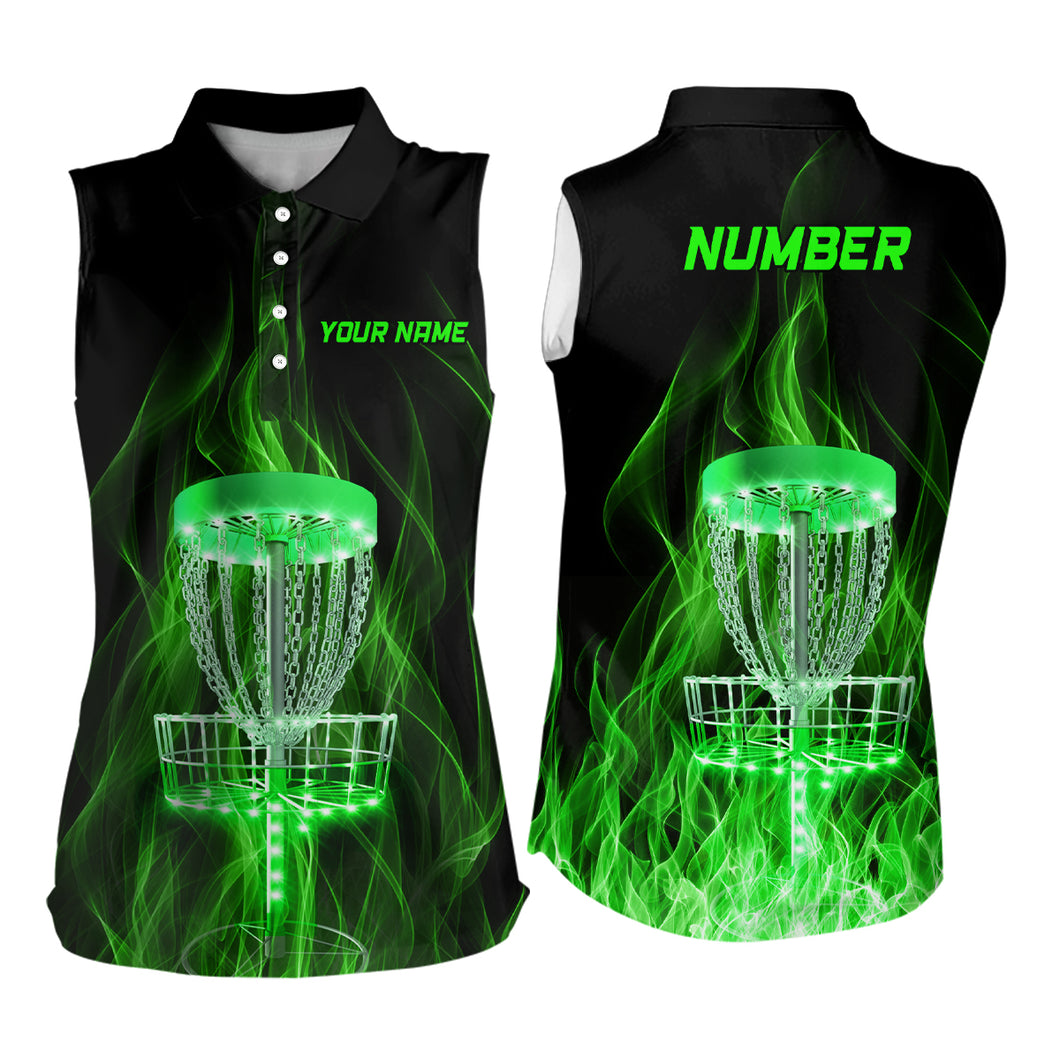 Green Fire Flame Disc Golf Basket Womens Sleeveless Polo Shirt Custom Womens Disc Golf Tops Golf Gifts LDT1403