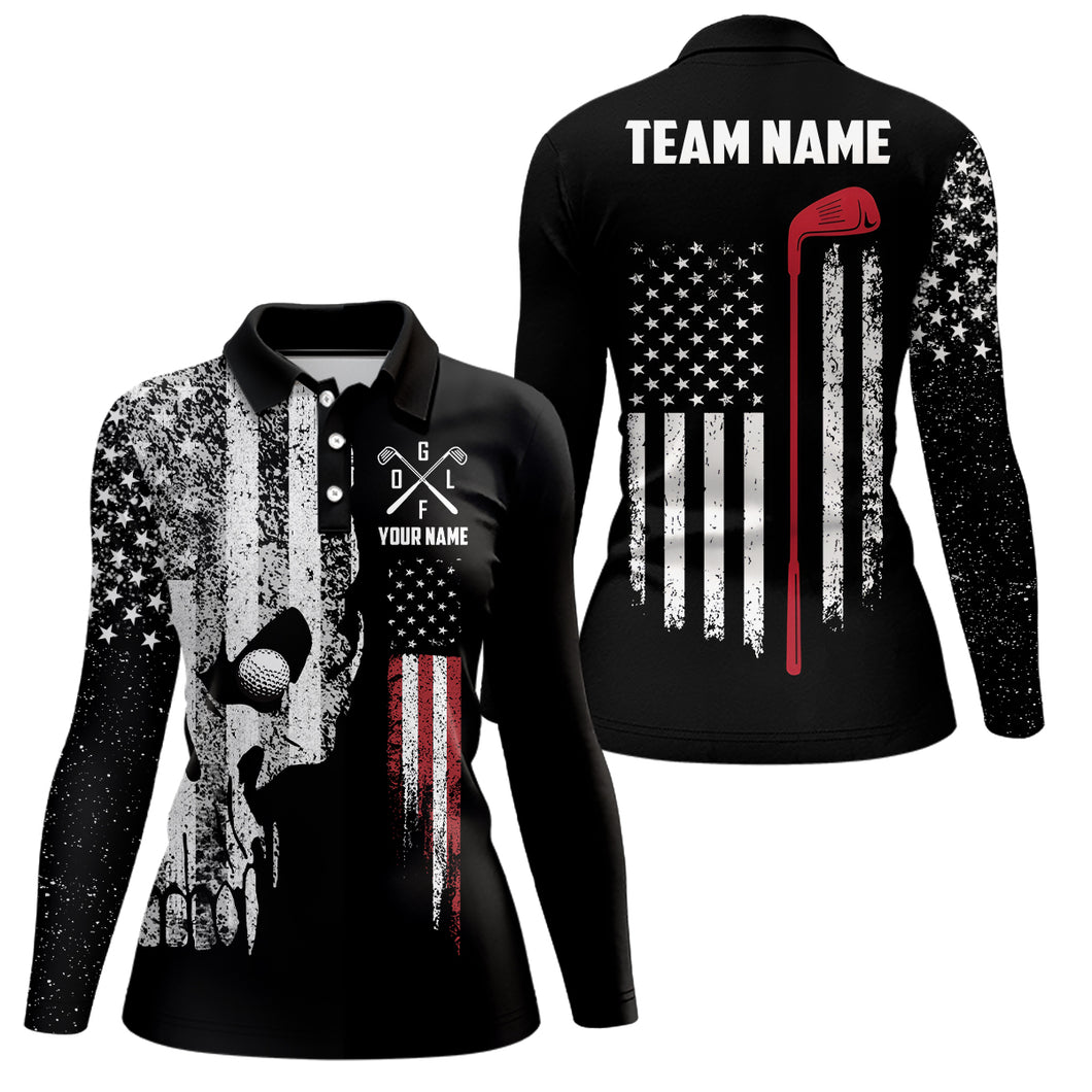 American Flag Skull Golf Polo Shirts Custom Patriotic Scary Golf Shirts For Women Golf Gifts LDT1405