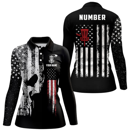 American Flag Skull Disc Golf Polos Custom Patriotic Disc Golf Shirts For Women Golf Gifts LDT1406