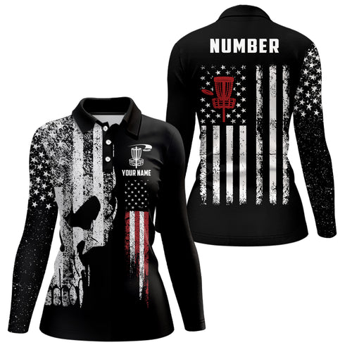 American Flag Skull Disc Golf Polos Custom Patriotic Disc Golf Shirts For Women Golf Gifts LDT1406