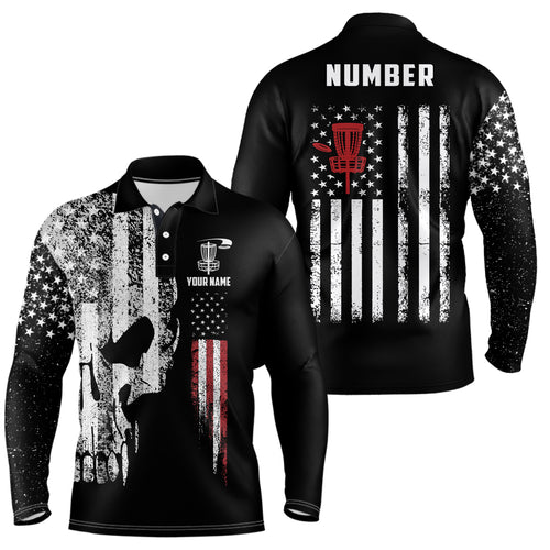American Flag Skull Mens Disc Golf Polo Shirts Custom Patriotic Disc Golf Shirts For Men Golf Gifts LDT1406