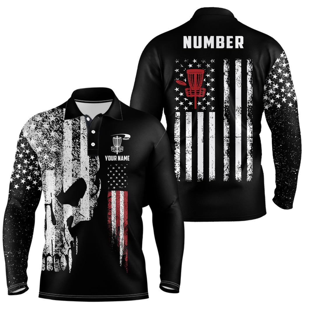 American Flag Skull Mens Disc Golf Polo Shirts Custom Patriotic Disc Golf Shirts For Men Golf Gifts LDT1406