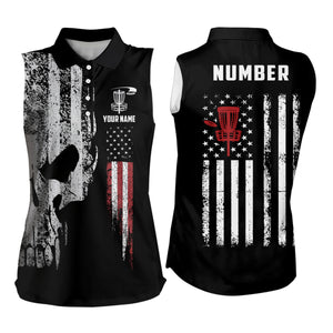 American Flag Skull Womens Sleeveless Disc Golf Polo Shirt Custom Patriotic Disc Golf Tops For Women LDT1406