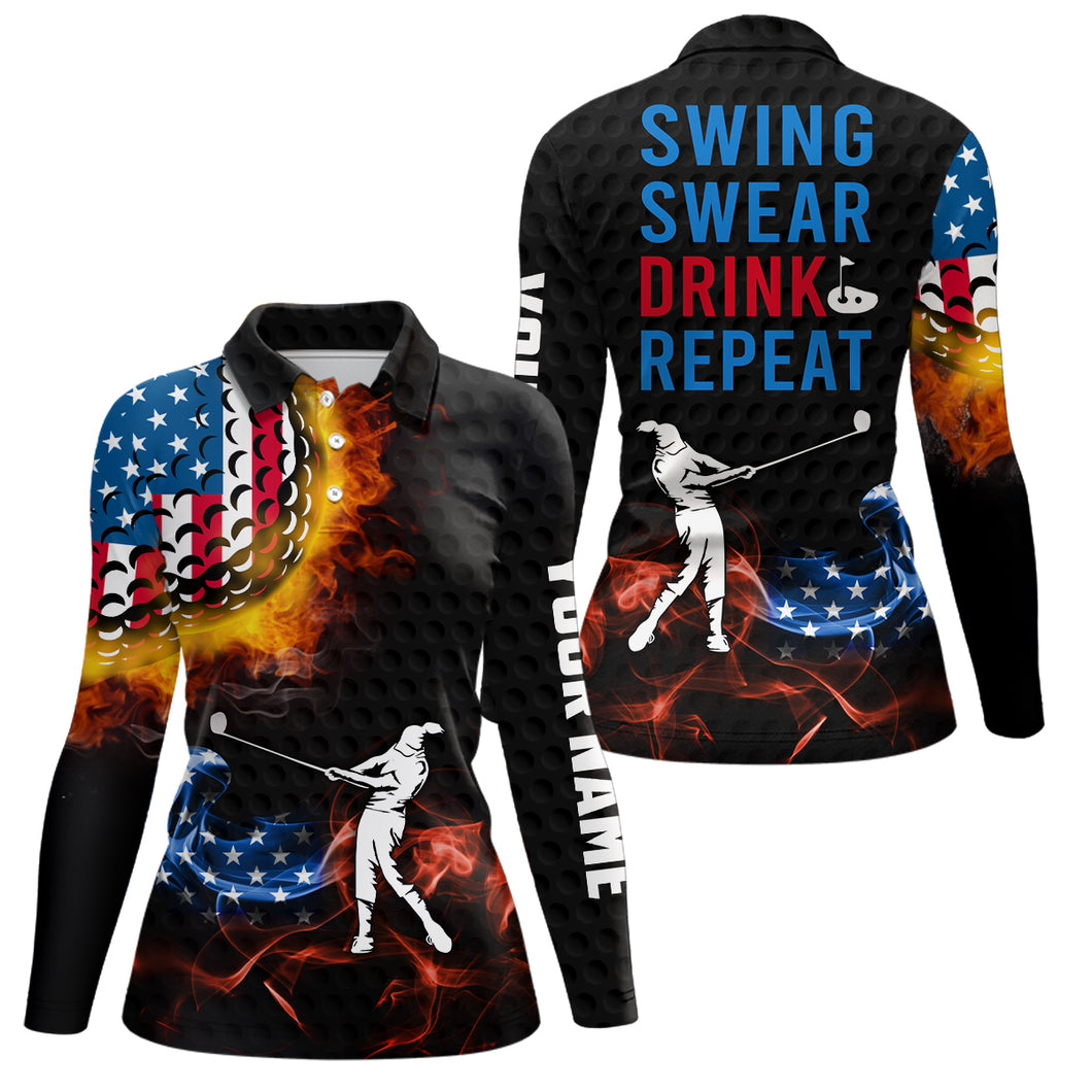 American Flag Swing Swear Drink Repeat Golf Polo Shirts Flame Patriotic Golf Shirts For Women LDT0198