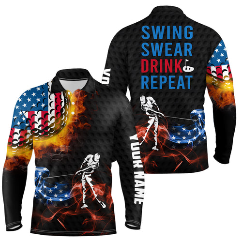 American Flag Swing Swear Drink Repeat Golf Polo Shirts, Flame Patriotic Golf Shirts For Men LDT0198