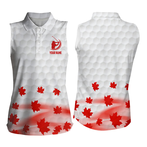 Canadian Flag Red Maple Leaf Womens Sleeveless Polo Shirt Custom White Patriotic Golf Tops For Women LDT0467