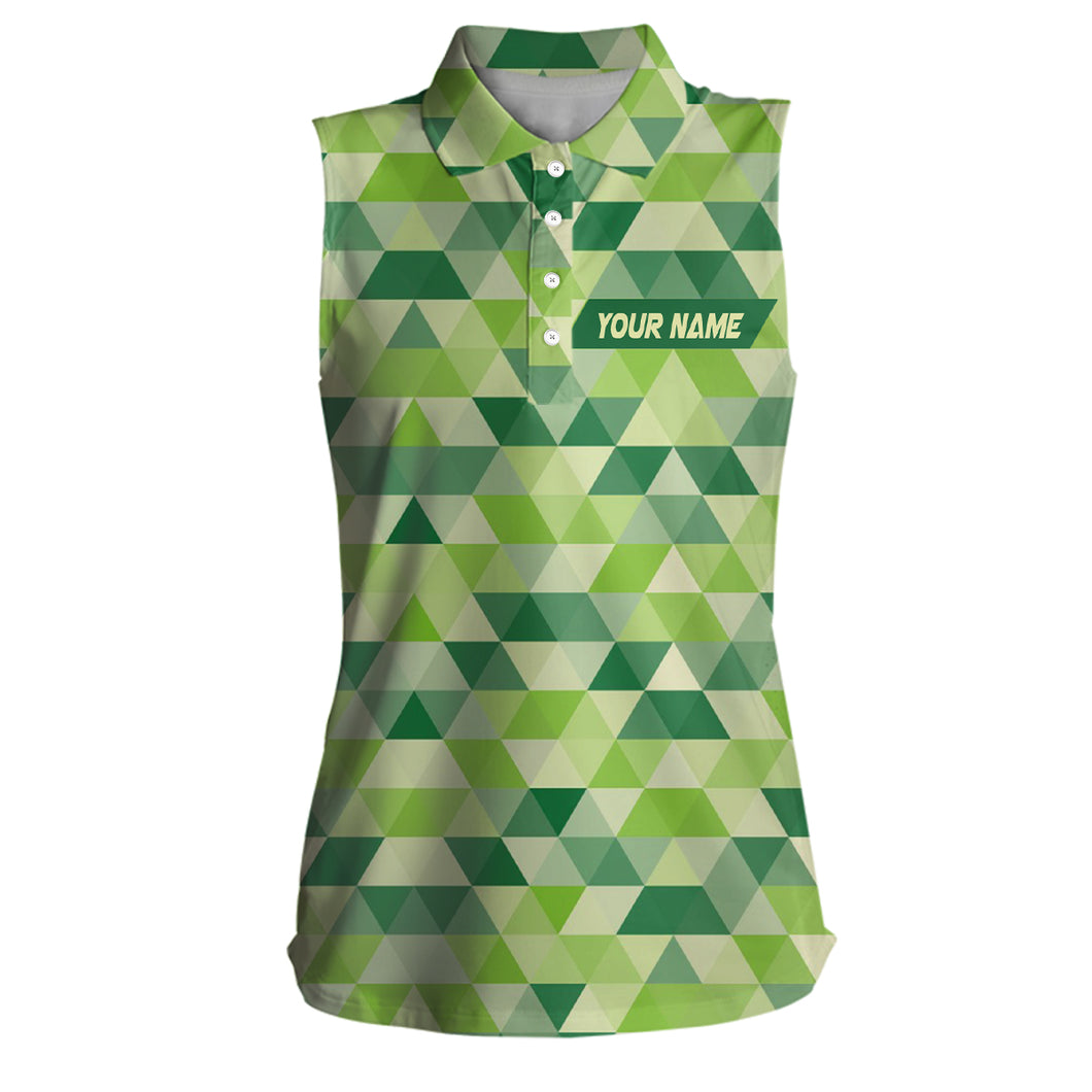 Geometric Green Womens Sleeveless Polo Shirts Custom St Patrick Day Golf Shirts For Women Golf Gifts LDT1415