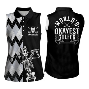 Skull Funny Golf Custom Name Sleeveless Polos Black & White Argyle Golf Shirts For Women, Golf Gifts LDT0209