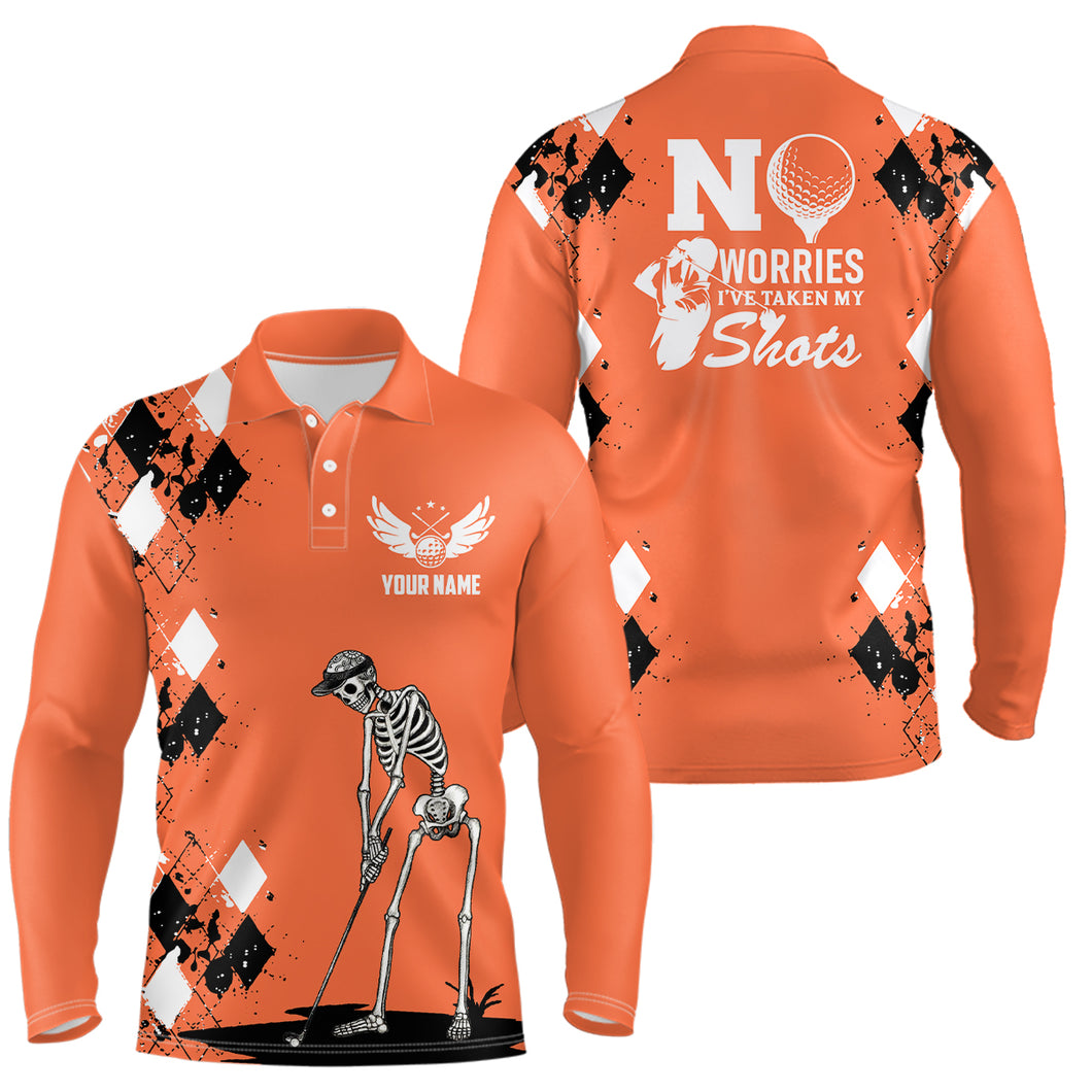 Mens Skull Golf Polo Shirt Argyle Pattern Orange Golf Shirts For Mens Halloween Golf Gifts LDT0479