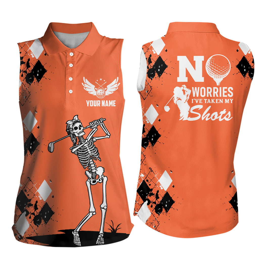 Skull Womens Sleeveless Polo Shirt Argyle Pattern Orange Golf Shirts For Ladies Halloween Golf Gifts LDT0479