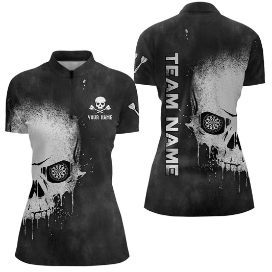 Smoke Skull Black White Darts Quarter Zip Shirt Custom Women Dart Shirt Scary Dart Jerseys LDT1007