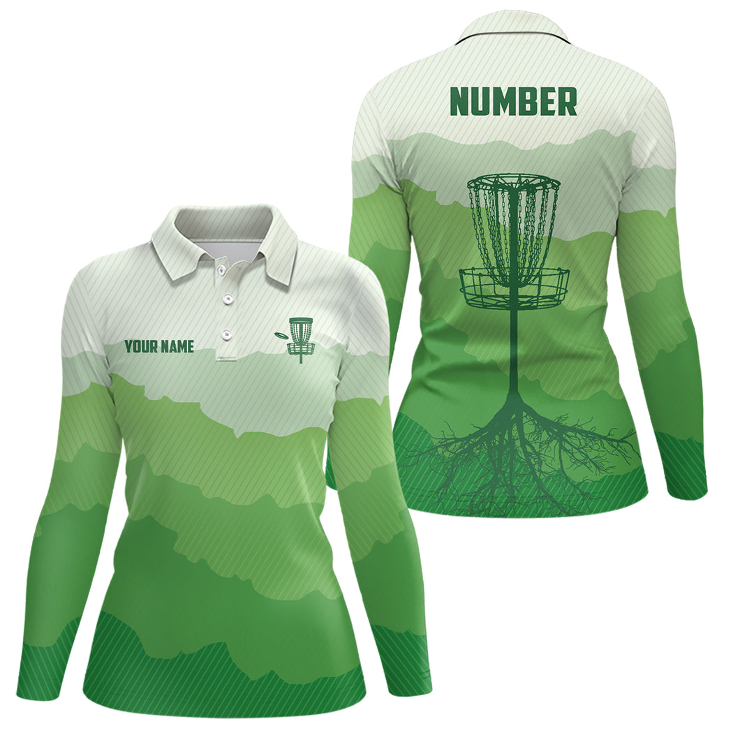 Green Sunset Customized Womens Disc Golf Polo Shirt Disc Golf Tops For Women Disc Golf Basket LDT1011