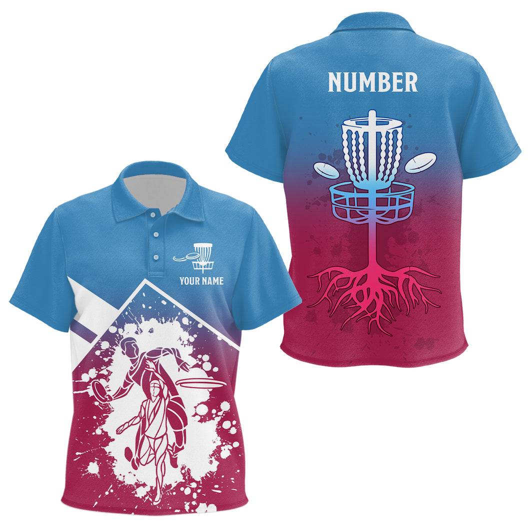 Pink Blue Silhouette Kids Disc Golf Polo Shirt Custom Disc Golf Basket Shirt For Kid Disc Golf Jersey LDT1013
