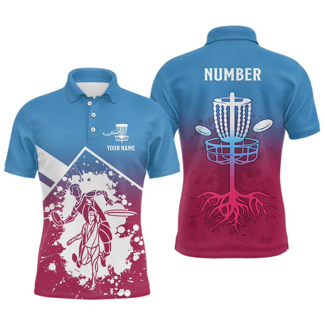 Pink Blue Silhouette Mens Disc Golf Polo Shirt Custom Disc Golf Basket Shirt For Men Disc Golf Jersey LDT1013