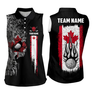 Vintage Canada Flag Skull Womens Sleeveless Polo Shirt Custom Patriotic Scary Golf Shirts For Women LDT1426