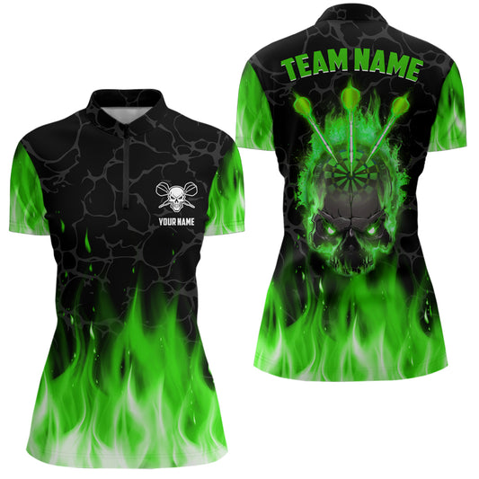 Green Flame Skull Darts Quarter Zip Shirt Custom Scary Darts Shirt For Women Dart Jerseys LDT1423