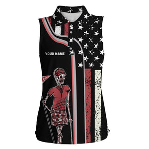 Retro American Flag Skull Golf Womens Sleeveless Polo Shirt Patriotic Golf Shirts For Women Golf Gift LDT0552