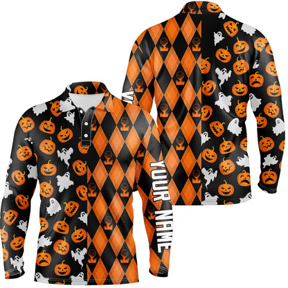 Halloween Boo Pumpkin Black Orange Argyle Mens Golf Polo Shirts Funny Golf Gifts For Men LDT0412