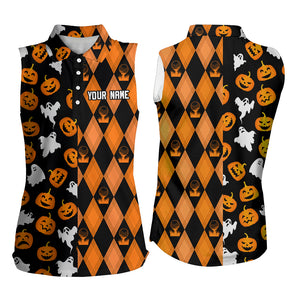 Halloween Boo Pumpkin Black Orange Argyle Womens Sleeveless Golf Shirts Funny Golf Gifts For Women LDT0412