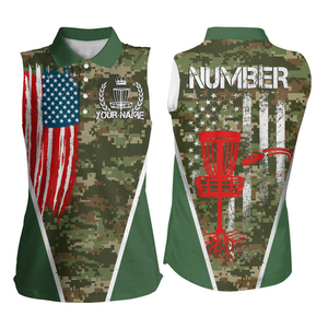 Green Camouflage Vintage Usa Flag Womens Sleeveless Polo Shirt Patriotic Disc Golf Shirts For Women LDT0518