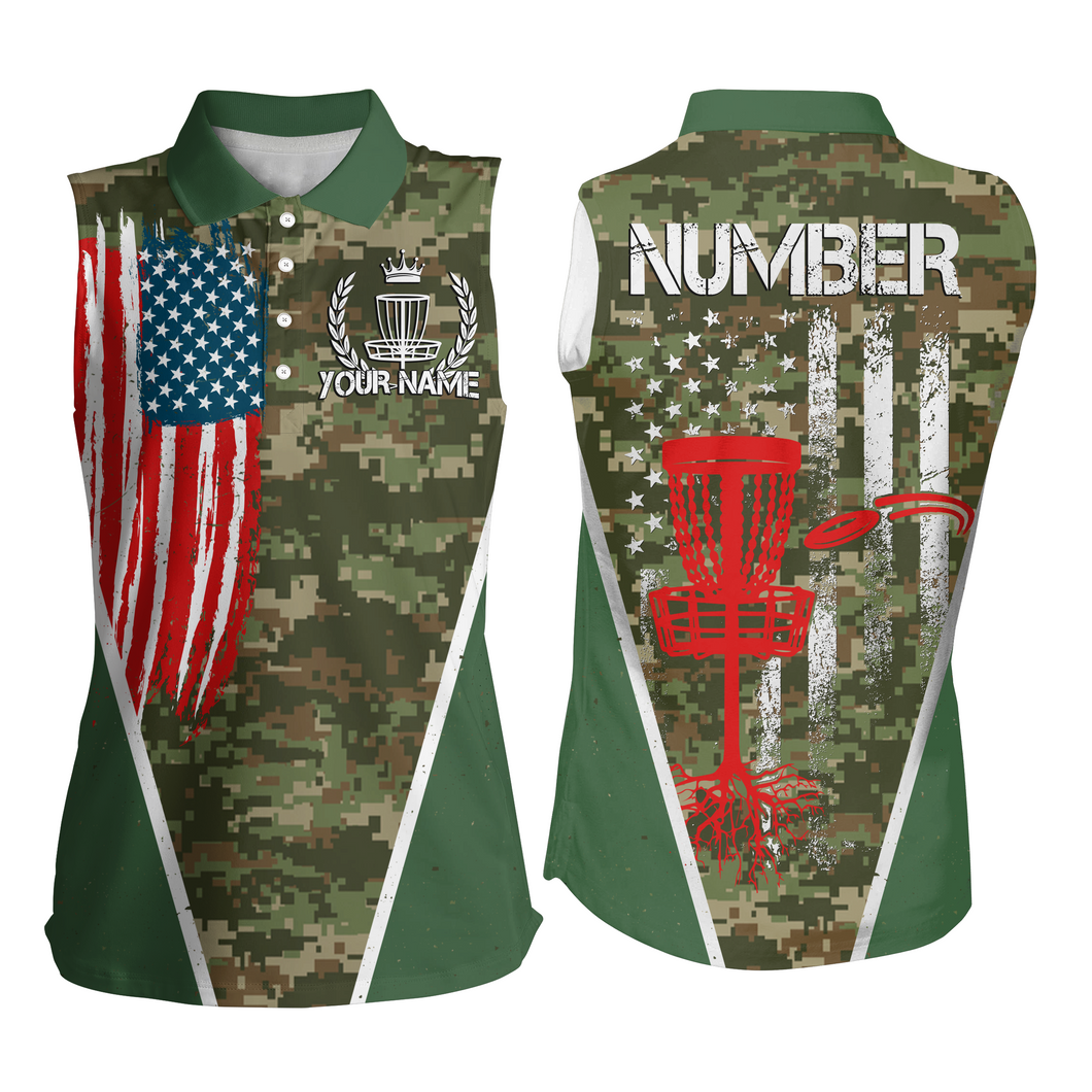 Green Camouflage Vintage Usa Flag Womens Sleeveless Polo Shirt Patriotic Disc Golf Shirts For Women LDT0518