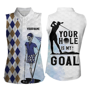 Your Hole Is My Goal Argyle Pattern Skull Sleeveless Golf Shirts Scary Golf Tops For Women Golf Gifts LDT0415