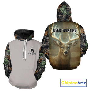Deer Hunting American Flag Camo Hoodie, Long Sleeve Shirt – Buck Head Graphic NHT01