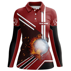 Golf Ball On Fire And Water Red Golf Polo Shirts Personalized Flame Golf Shirts For Women LDT0221