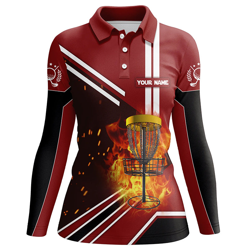 Disc Golf Basket On Fire And Water Red Polo Shirts Custom Flame Disc Golf Shirts For Women LDT0222