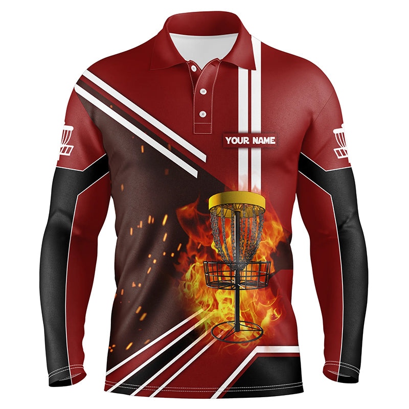 Disc Golf Basket On Fire And Water Red Polo Shirts, Custom Flame Disc Golf Shirts For Men LDT0222
