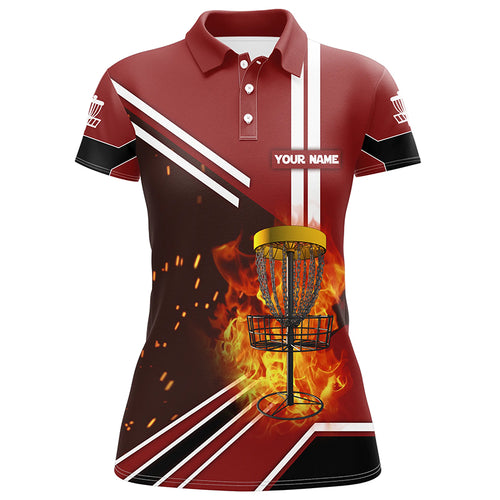 Disc Golf Basket On Fire And Water Red Polo Shirts Custom Flame Disc Golf Shirts For Women LDT0222
