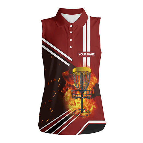 Disc Golf Basket On Fire And Water Red Sleeveless Polo Shirts Custom Flame Disc Golf Shirts For Women LDT0222