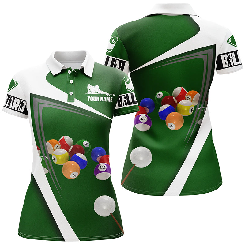 Personalized Green White Billiard Balls 3D Polo Shirts For Women, Custom 8 Ball Billiards Jerseys VHM0055