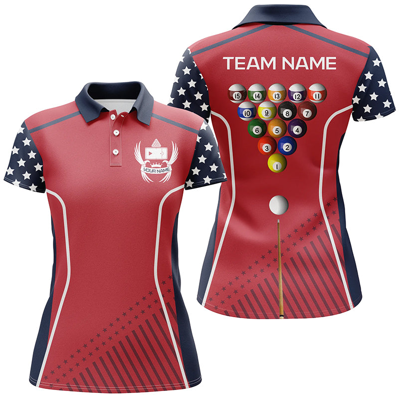 Personalized Eagle Patriotic Red Navy Billiard Polo Shirts For Women, Custom Billiard Balls Jerseys VHM0204