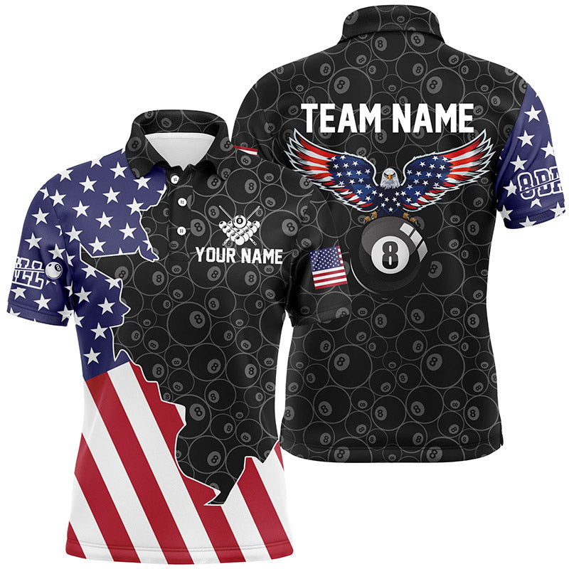 Personalized Eagle US Flag Billiard 3D Polo Shirts For Men, Custom 8 Ball Pool Billiards Jerseys VHM0451