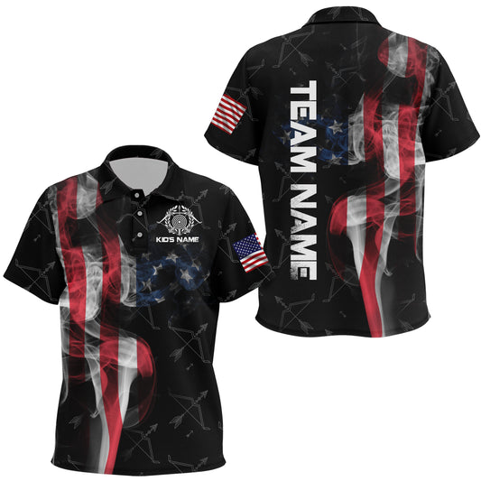 Personalized Vintage Smoke US Flag Archery Polo Shirts For Kids, Archery Bows Pattern Jerseys VHM0795