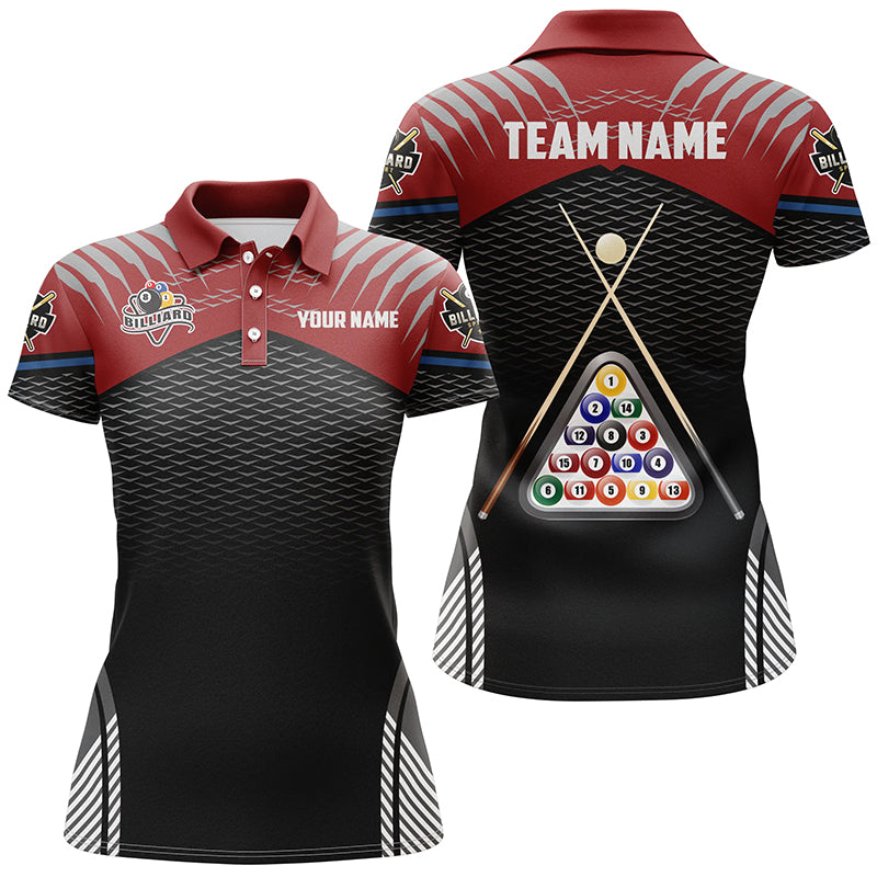 Personalized Sport Red Black 8 Ball Billiard 3D Polo Shirts For Women, Custom Billiard Balls Jerseys VHM1025