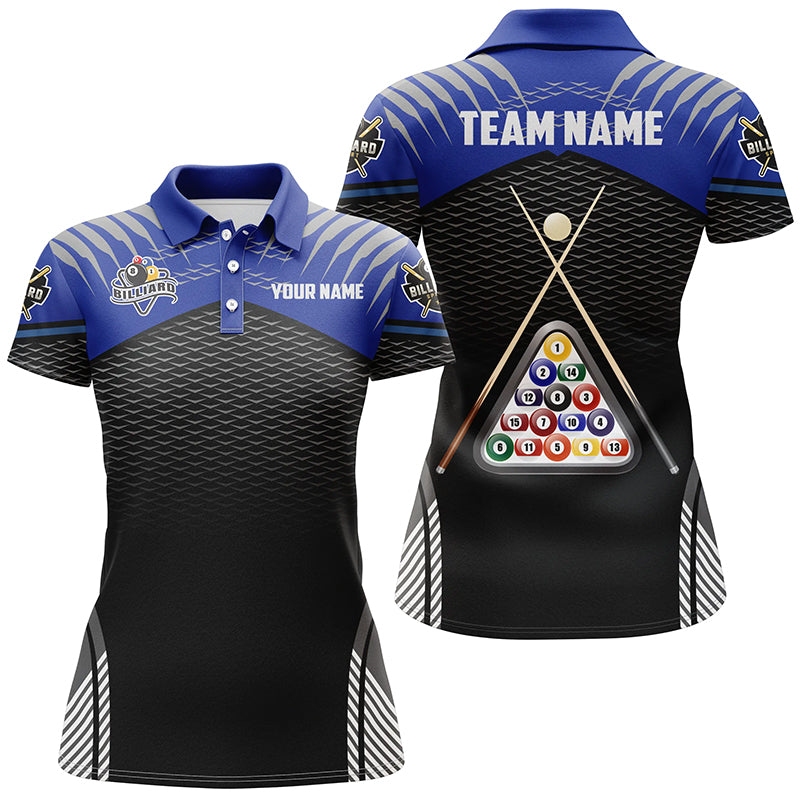 Personalized Sport Blue Black 8 Ball Billiard 3D Polo Shirts For Women, Custom Billiard Balls Jerseys VHM1026