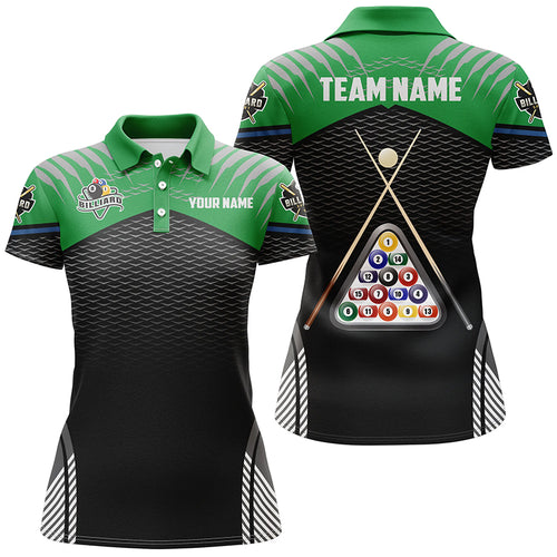 Personalized Sport Green 8 Ball Billiard 3D Polo Shirts For Women, Custom Pool Billiard Balls Jerseys VHM1027