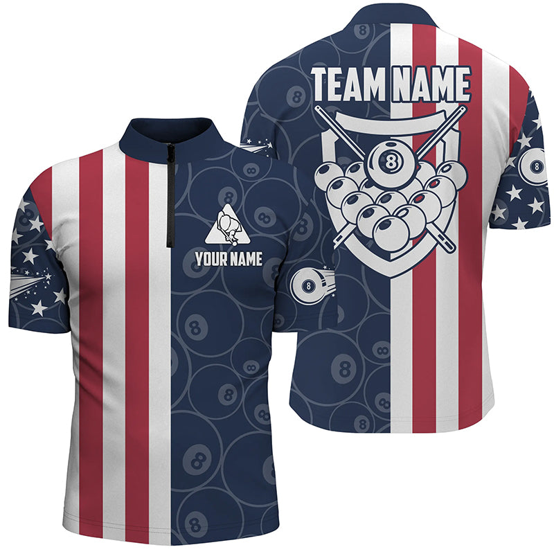 Personalized US Flag 8 Ball Pattern Billiard Quarter-Zip Shirts For Men, Custom Billiards Jerseys VHM0464