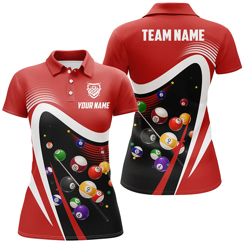 Personalized Red Sport Billiard Balls 3D Polo Shirts For Women, Custom 8 Ball Billiard Team Jerseys VHM1047