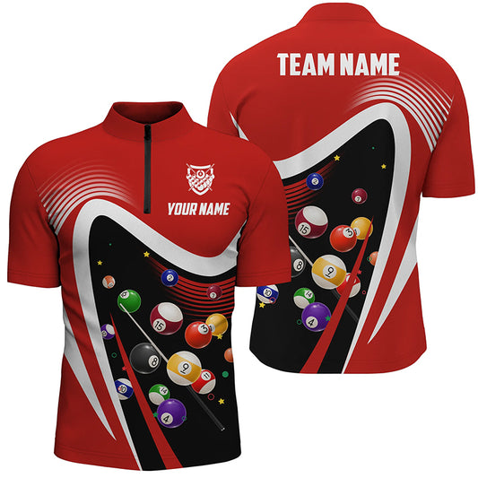 Personalized Red Sport Billiard Balls 3D Quarter-Zip Shirts For Men, 8 Ball Billiard Team Jerseys VHM1047